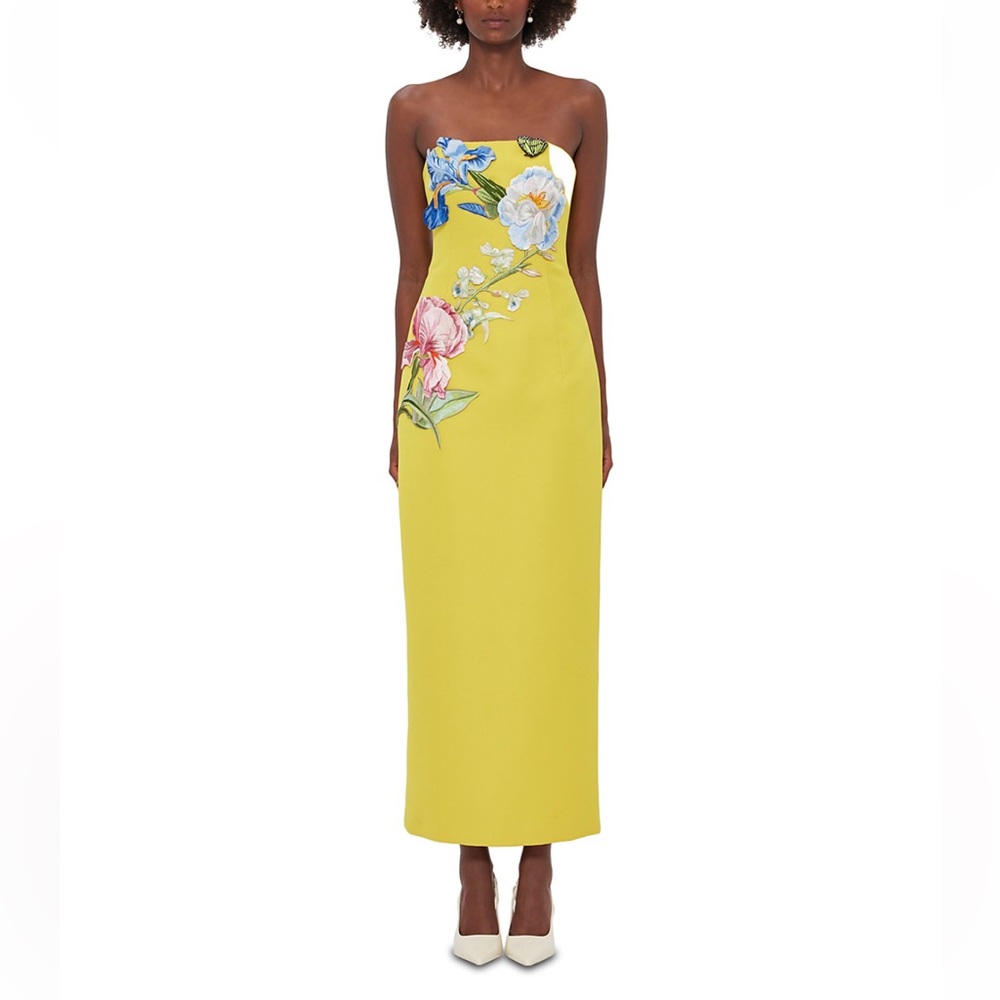 Leo Lin Rayna Floral Appliqué Bustier Maxi Dress Yellow Strapless Luxury - Picture 2 of 6